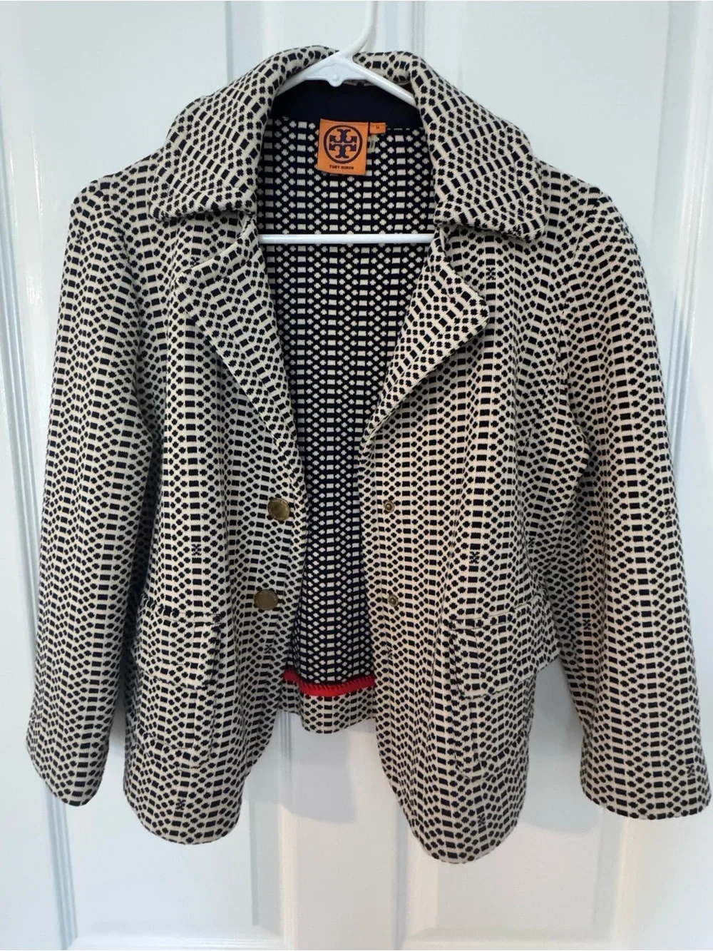 Tory Burch Navy and Cream Geometric Knit Jacket with Logo Tag
